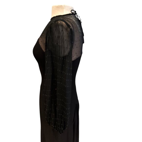 Vintage Black Midi Dress With Sheer Polka Dot Sleeves & Sweetheart Neckline - Picture 4 of 16